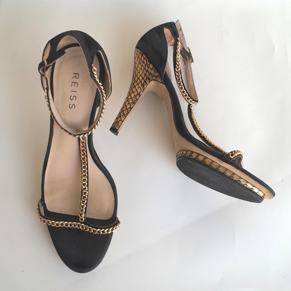 Reiss Chain Strap Heels Black Gold Size 10